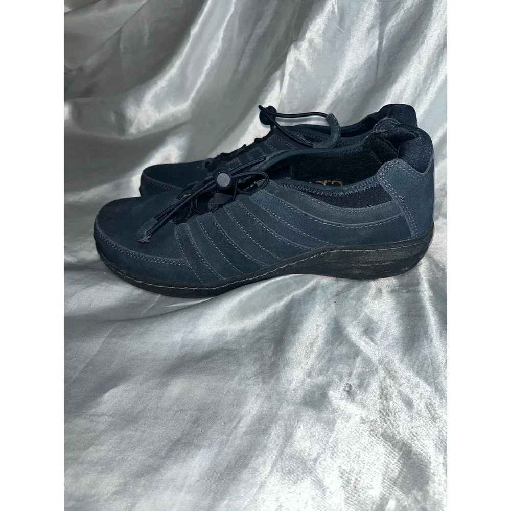 Aetrex Berries Women‎ 8.5 Navy Leather Bungee Slip On Sneakers Slip Resistant